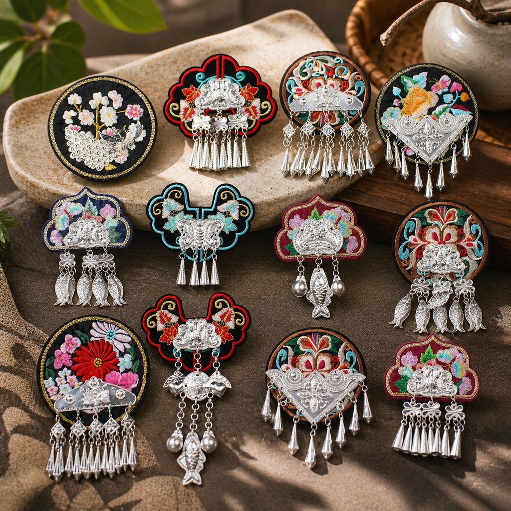 Miao Embroidery Fridge Magnet with Silver-Tone Tassel Charms