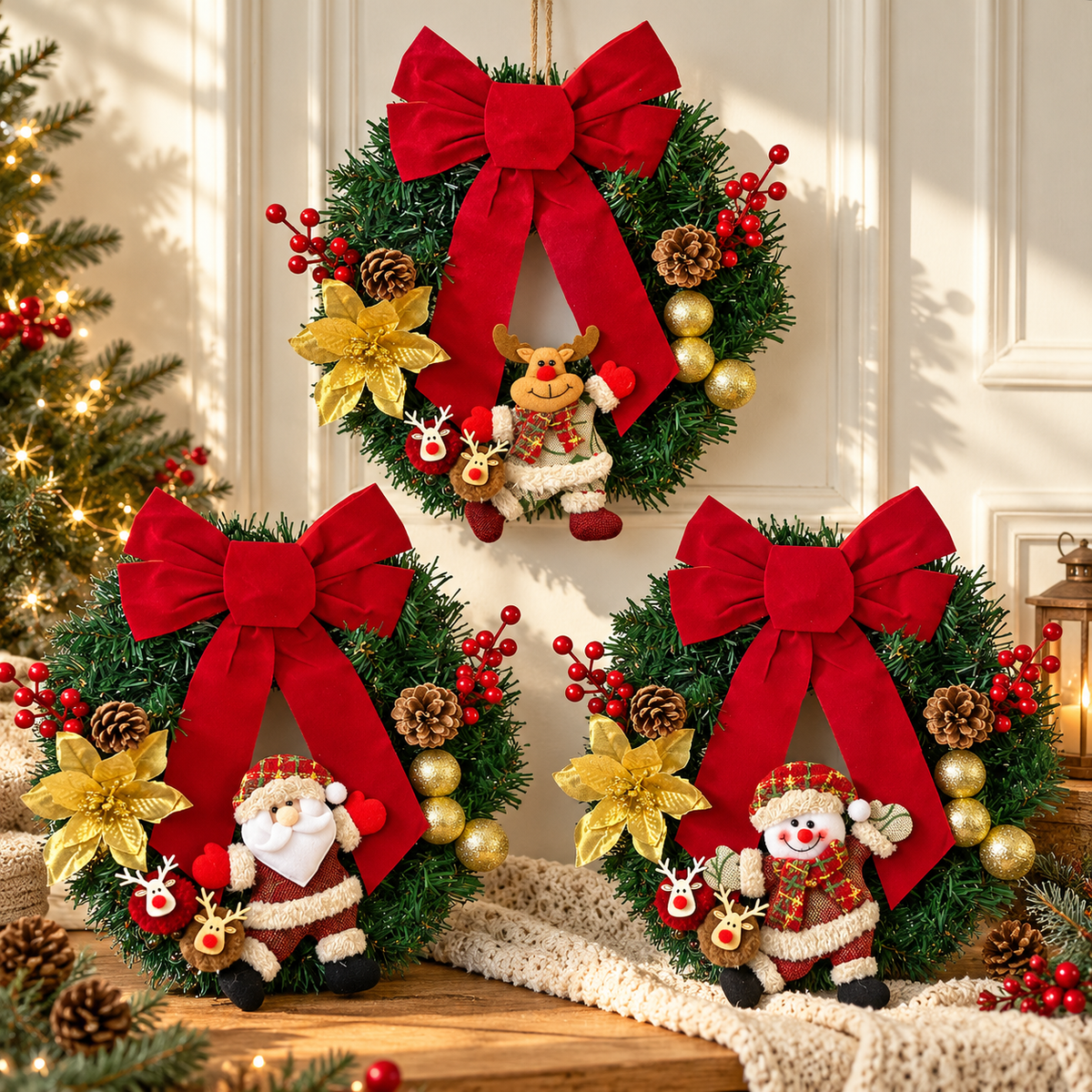 Christmas Character Bow Wreath Hanging Decoration
