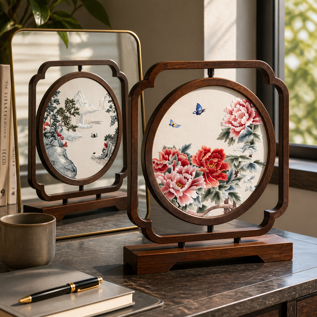 Handmade Su Embroidery Double-Sided Table Screen