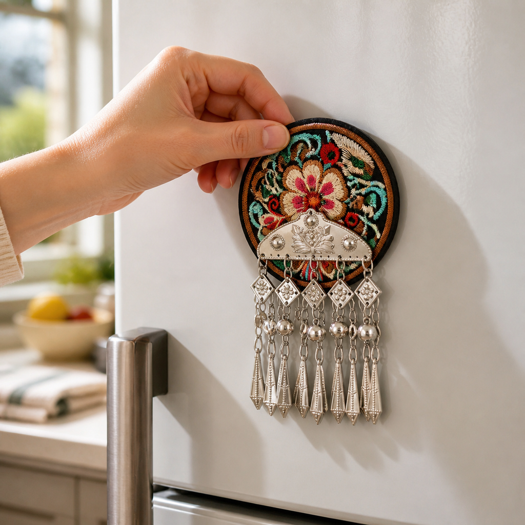 Miao Embroidery Fridge Magnet with Silver-Tone Tassel