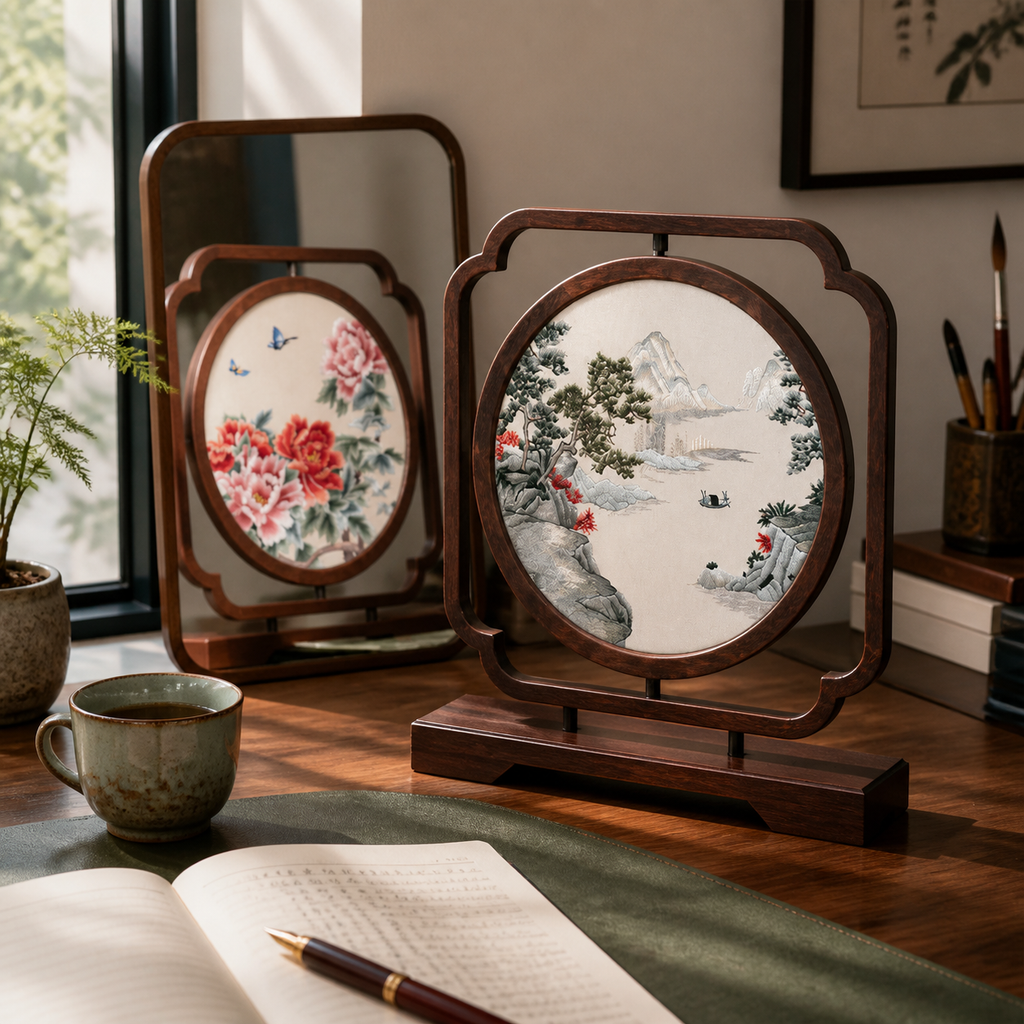 Handmade Double-Sided Su Embroidery Table Screen