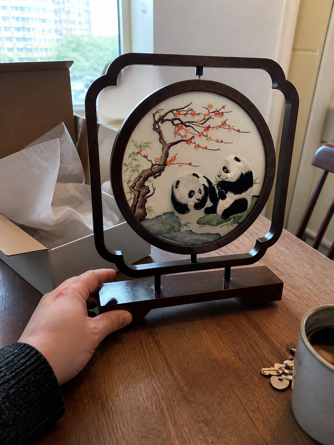 Handmade Su Embroidery Double-Sided Table Screen