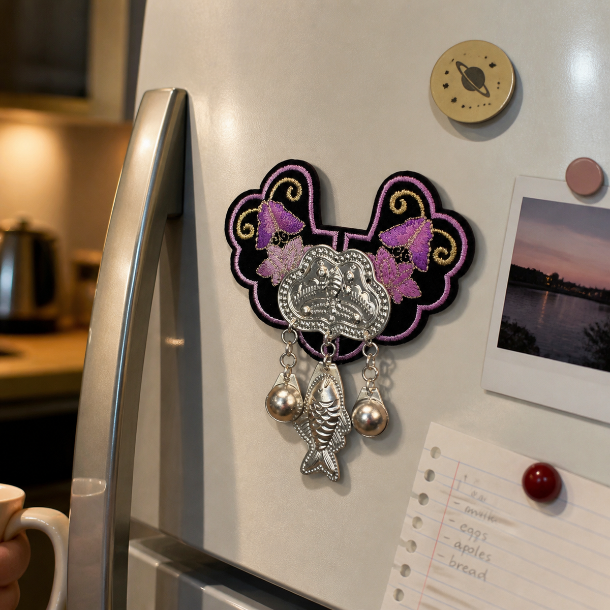 Miao Embroidery Fridge Magnet with Silver-Tone Tassel Charms