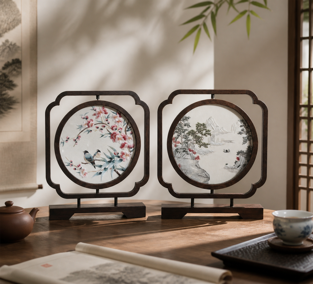 Handmade Su Embroidery Double-Sided Table Screen