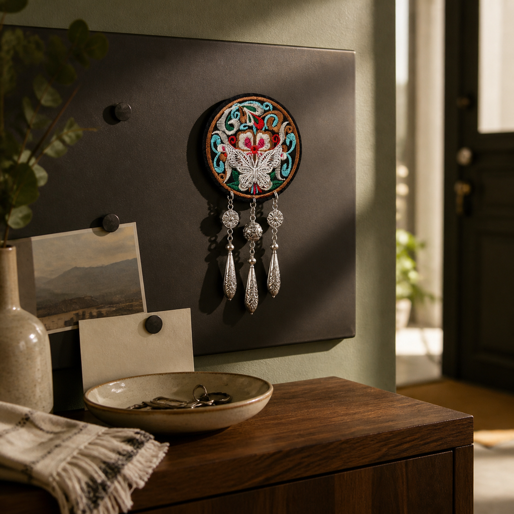 Miao Embroidery Fridge Magnet with Silver-Tone Tassel