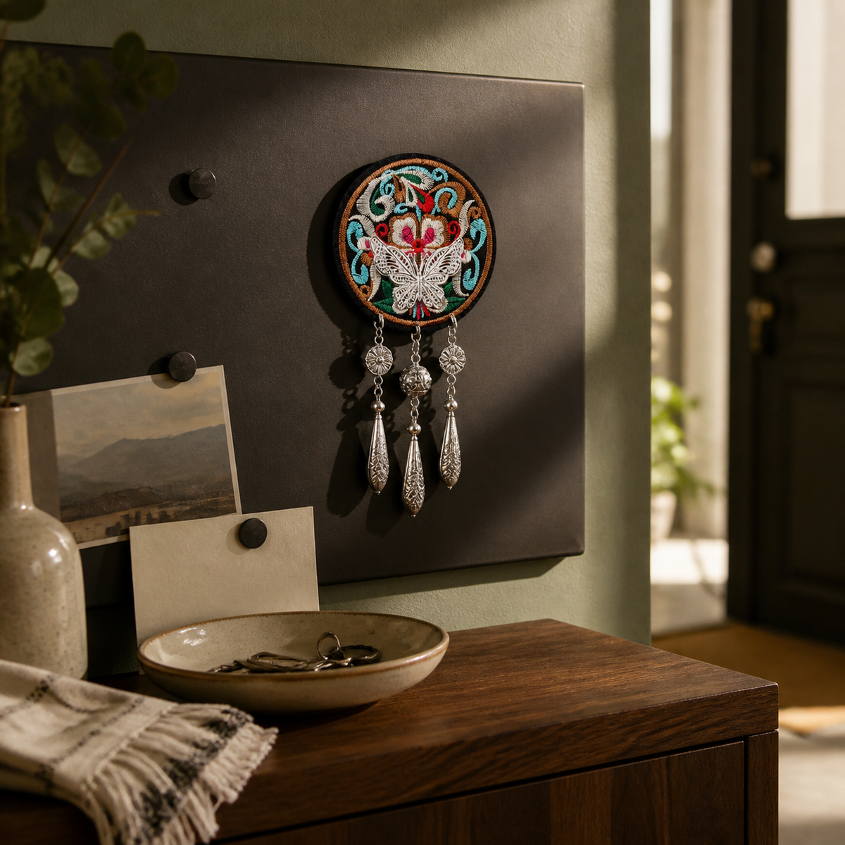 Miao Embroidery Fridge Magnet with Silver-Tone Tassel