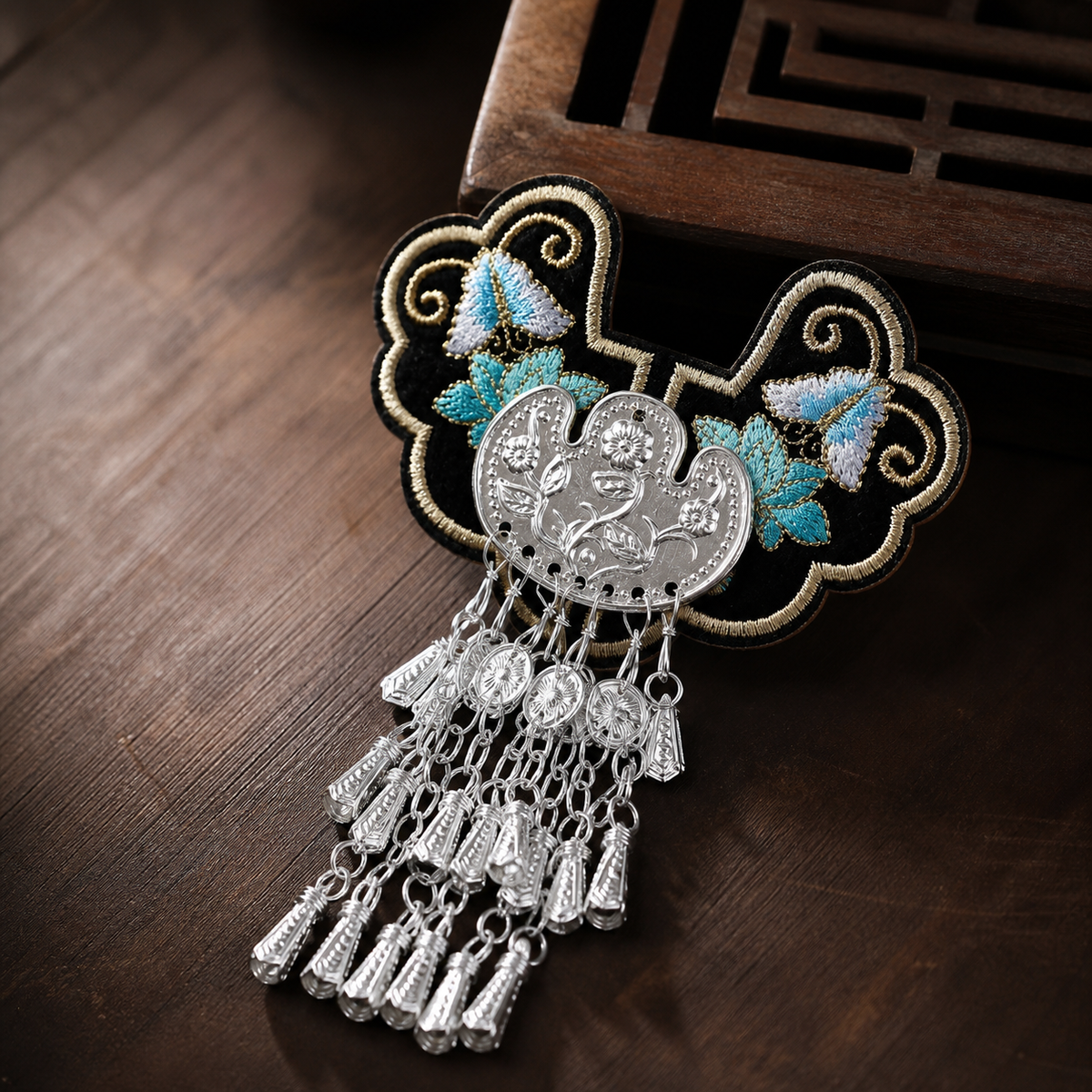 Miao Embroidery Fridge Magnet with Silver-Tone Tassel Charms