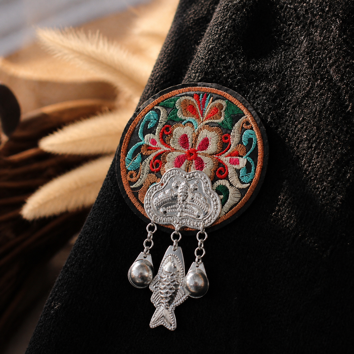 Miao Embroidery Fridge Magnet with Silver-Tone Tassel