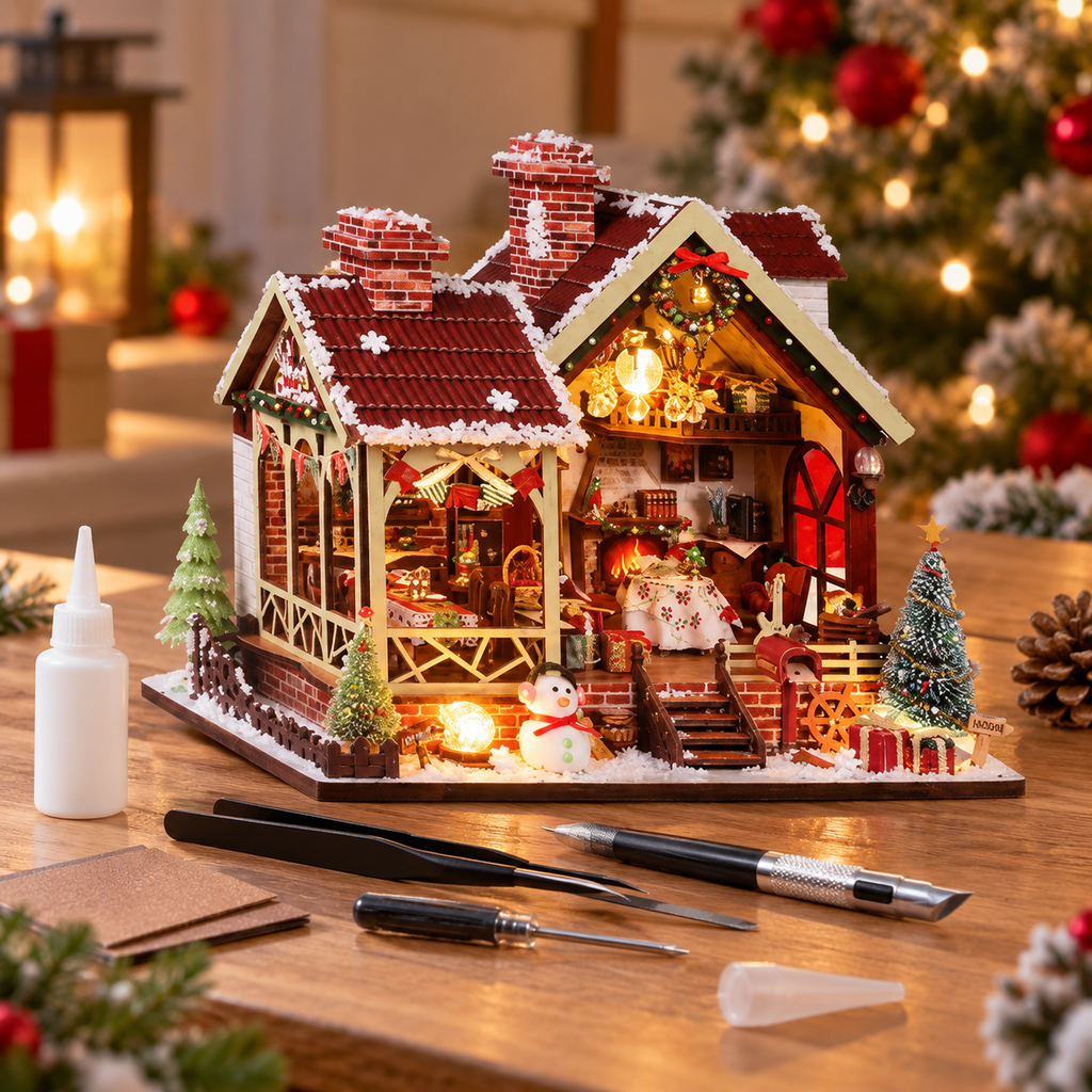 DIY Miniature Christmas Lodge Kit with Lighting & Music Box