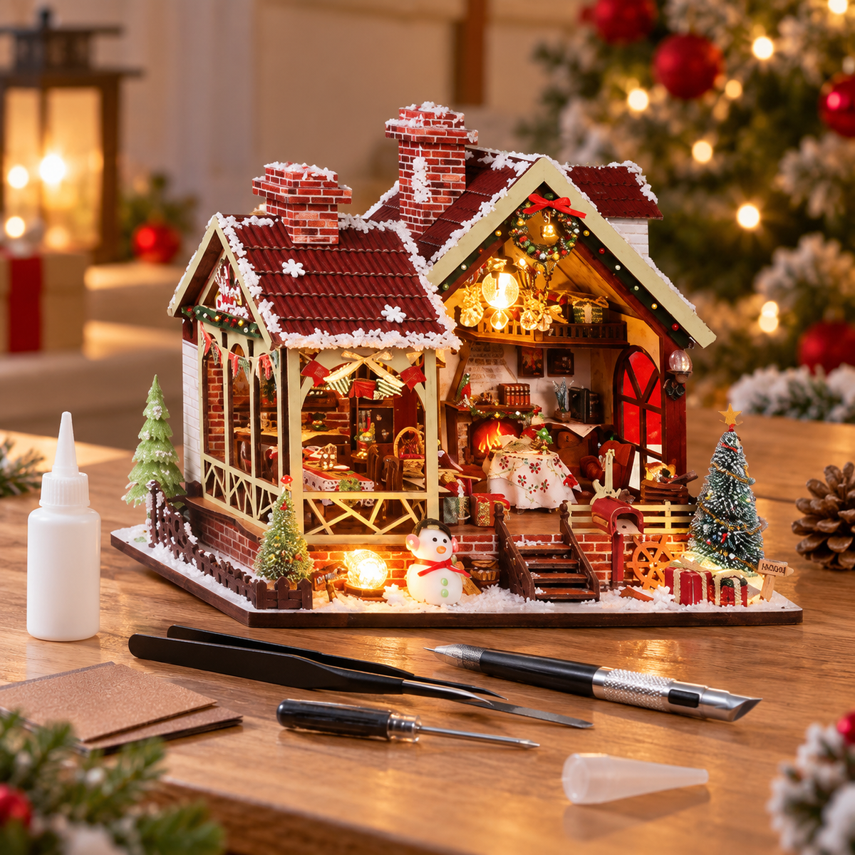 DIY Miniature Christmas Lodge Kit with Lighting & Music Box