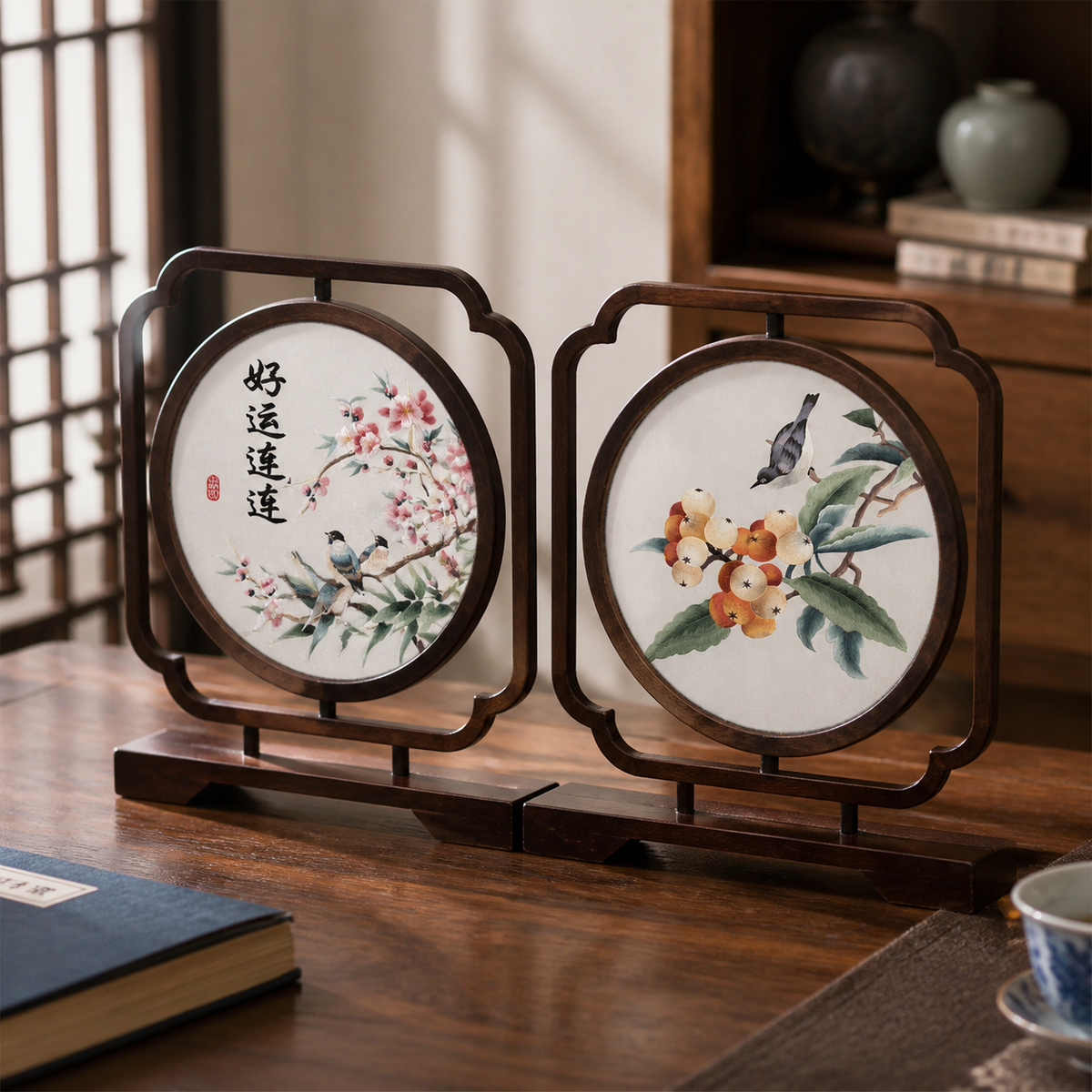 Handmade Su Embroidery Double-Sided Table Screen