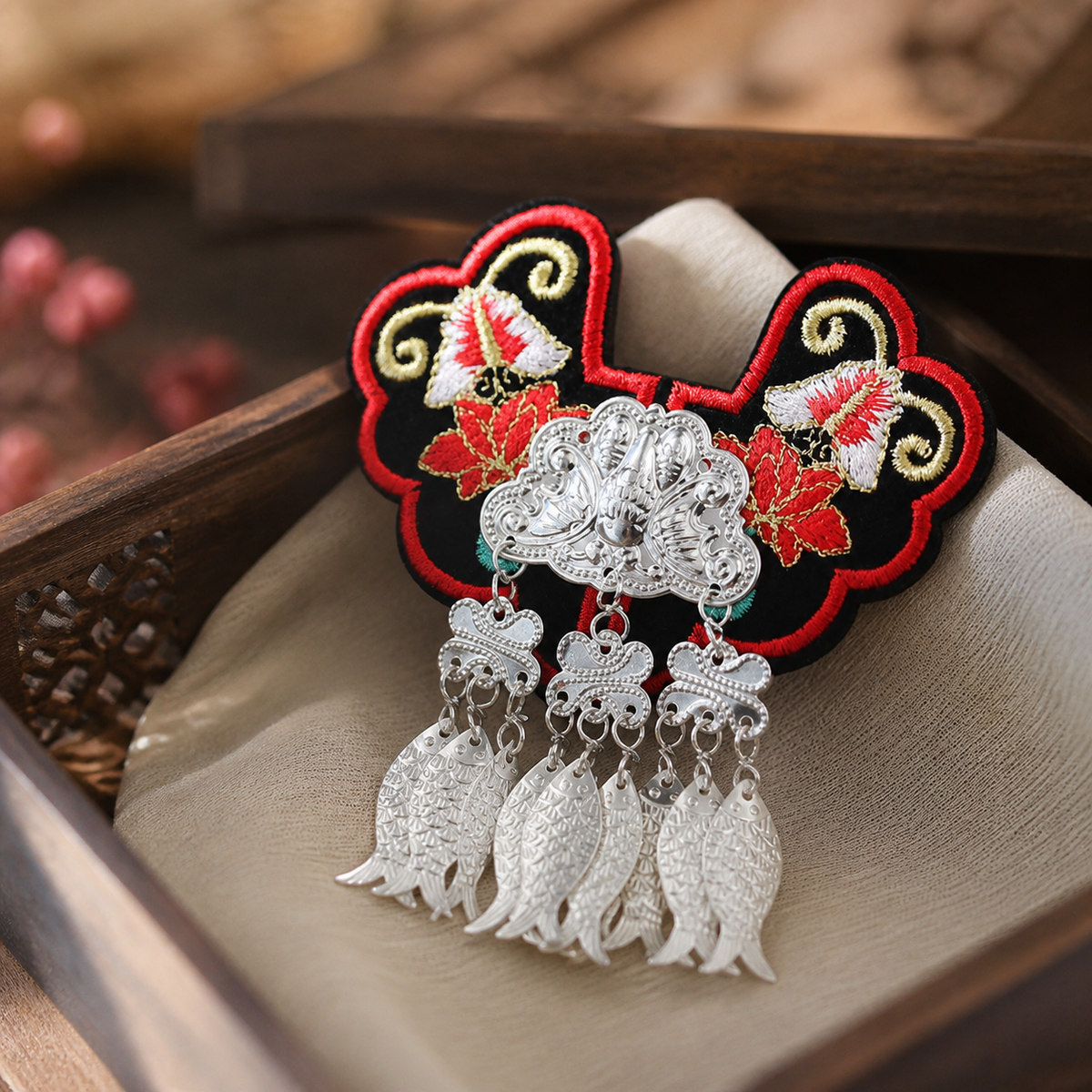 Miao Embroidery Fridge Magnet with Silver-Tone Tassel Charms