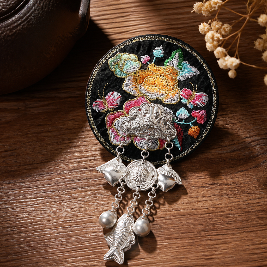Miao Embroidery Fridge Magnet with Silver-Tone Tassel