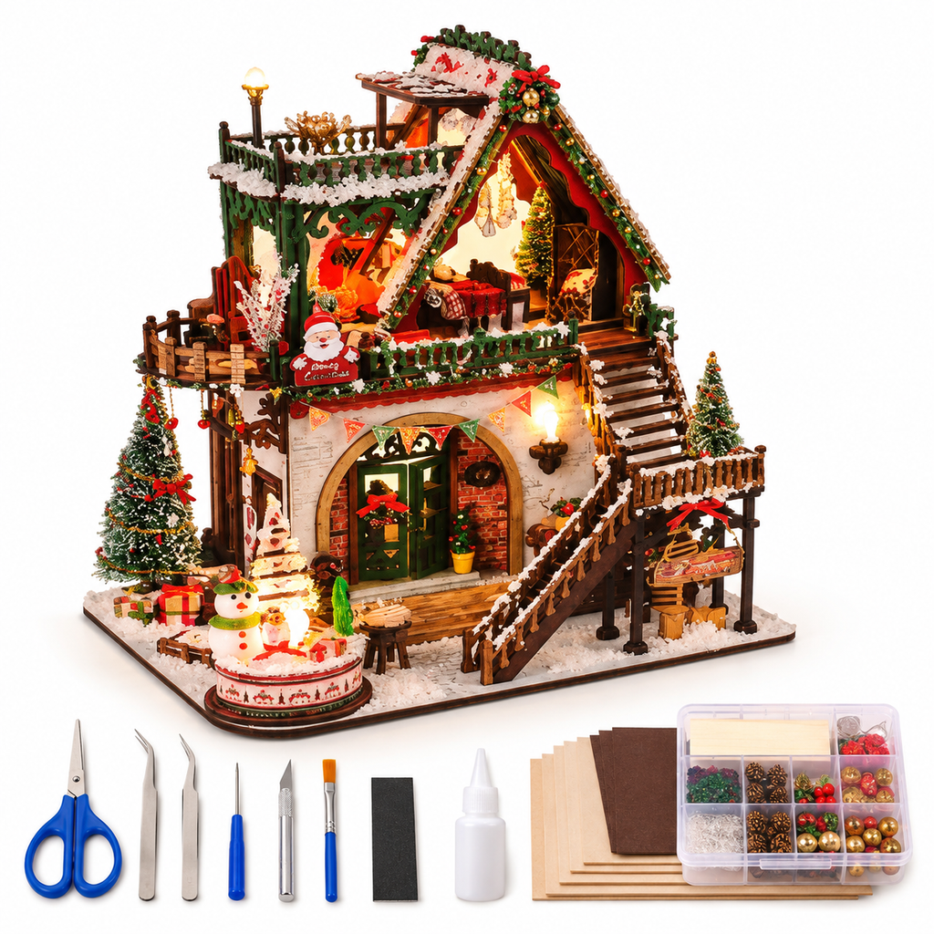 Snowy Christmas Lodge DIY Miniature House Kit