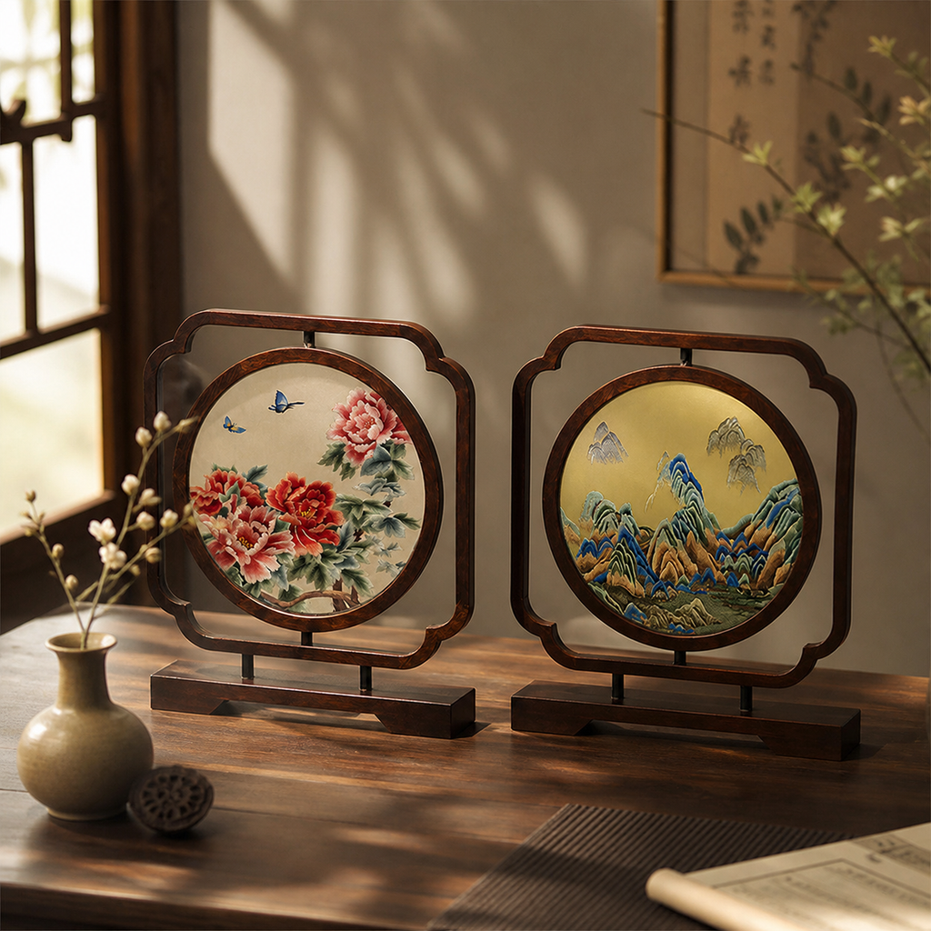 Handmade Su Embroidery Double-Sided Table Screen