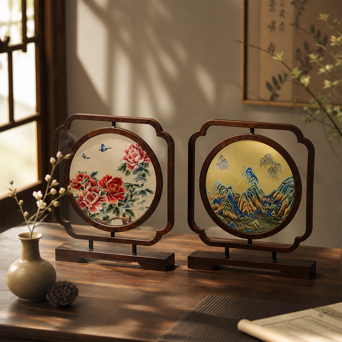 Handmade Su Embroidery Double-Sided Table Screen