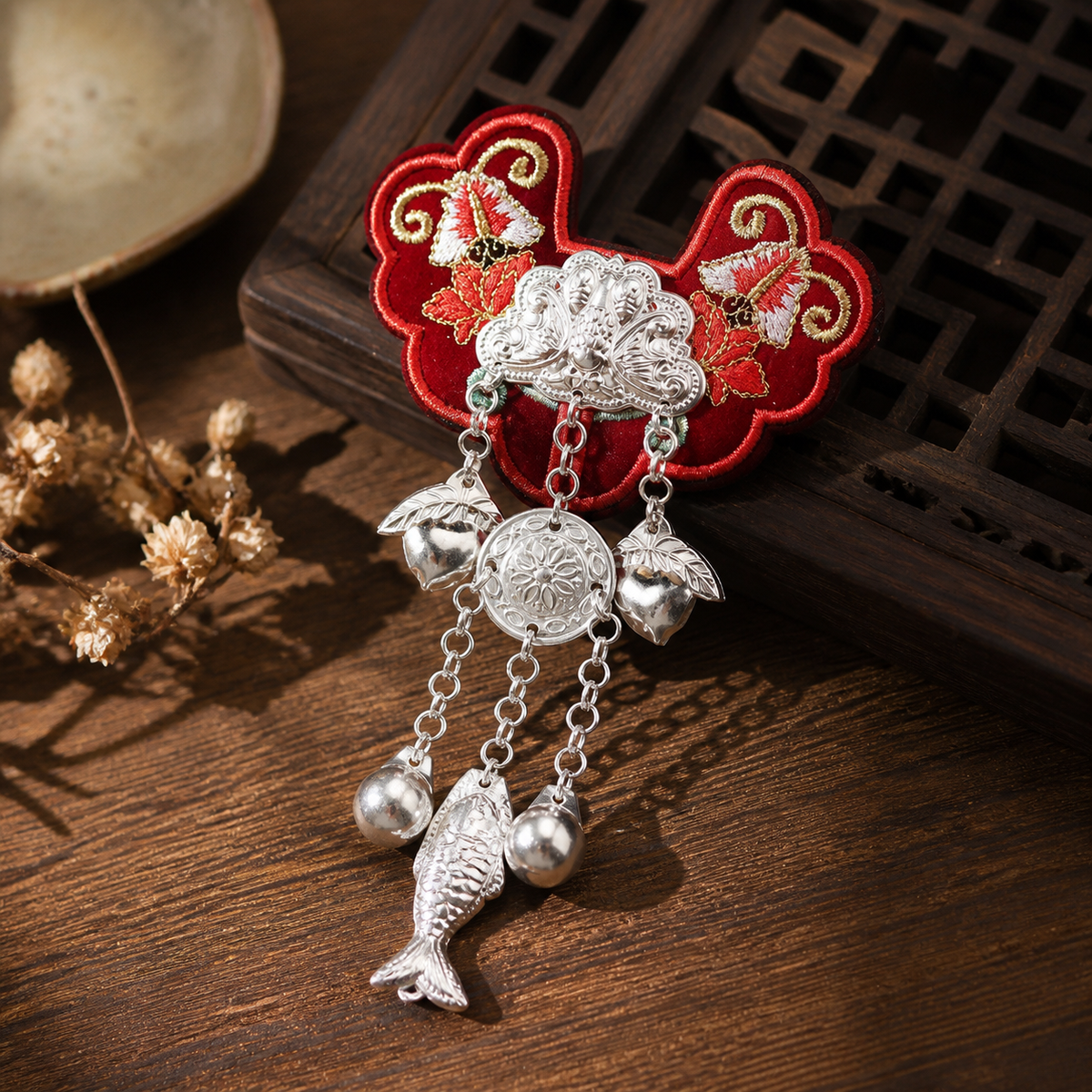 Miao Embroidery Fridge Magnet with Silver-Tone Tassel Charms