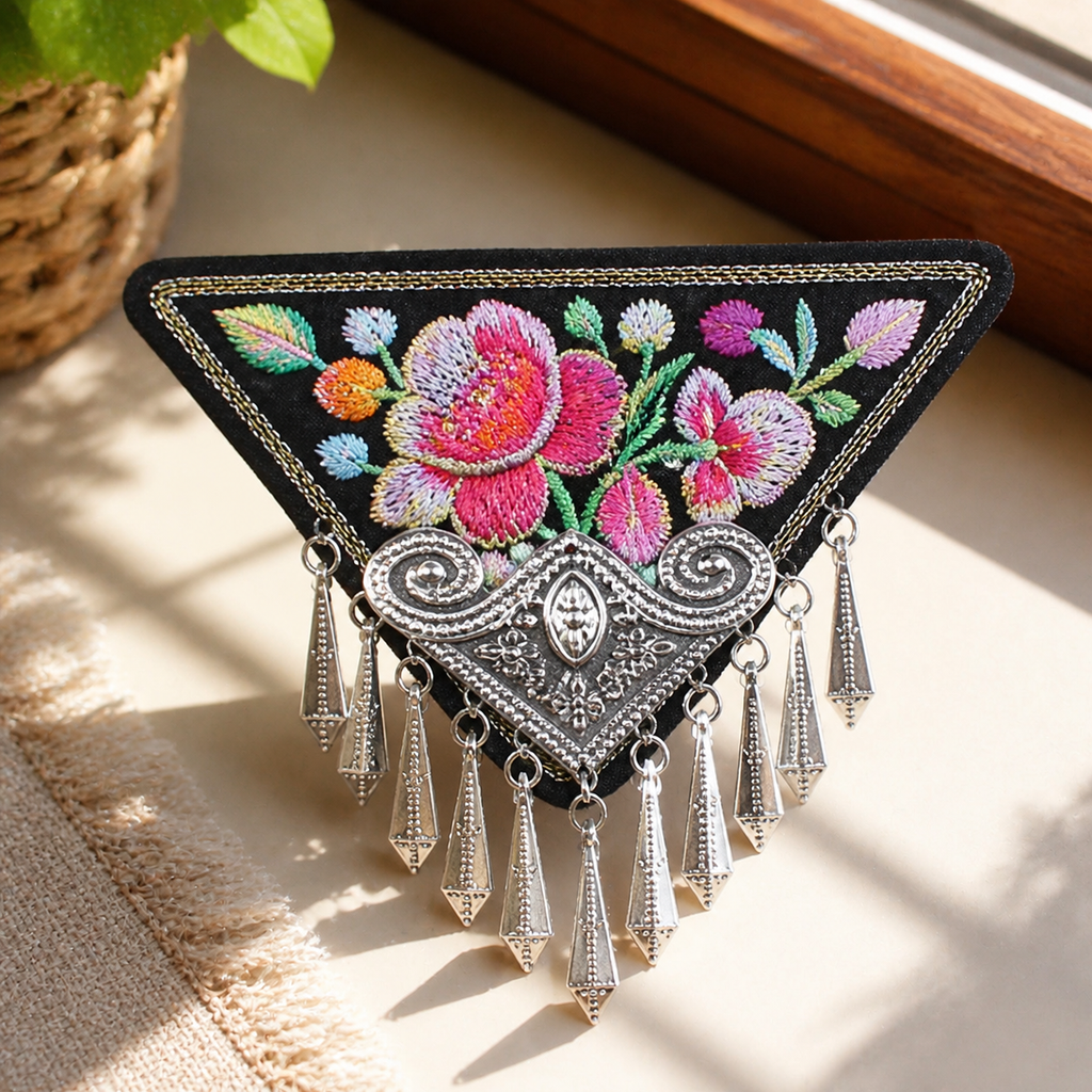 Miao Embroidery Fridge Magnet with Silver-Tone Tassel