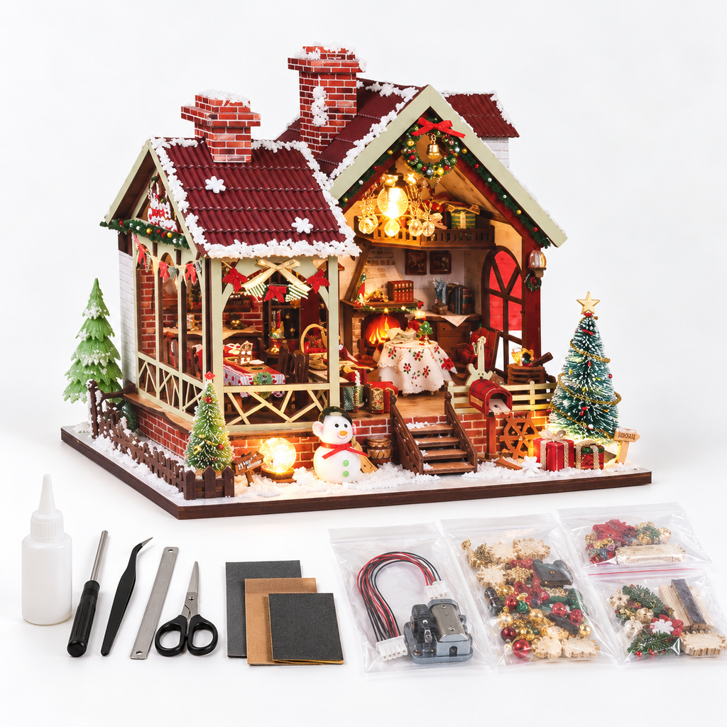DIY Miniature Christmas Lodge Kit with Lighting & Music Box