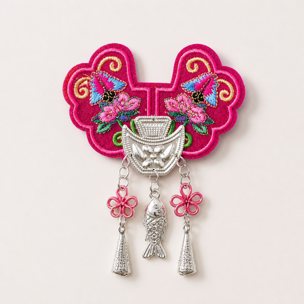 Miao Embroidery Fridge Magnet with Silver-Tone Tassel Charms