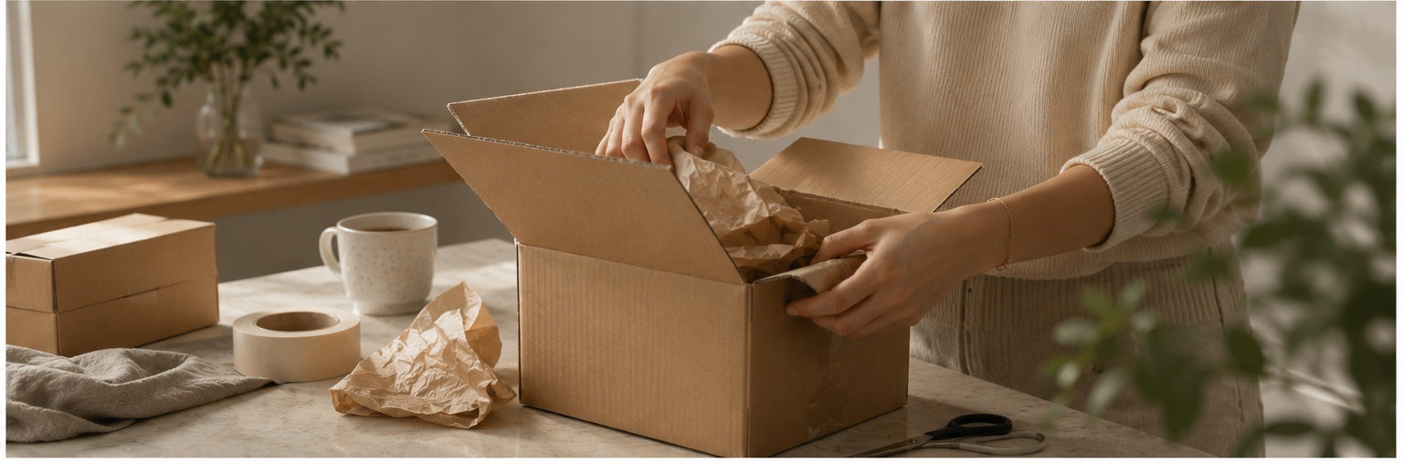 Hands carefully preparing and packing an order